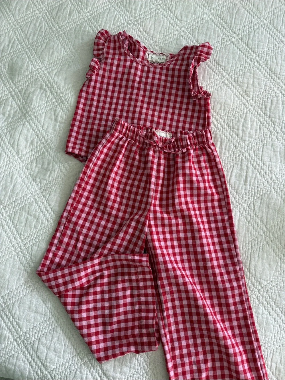 Btween Pink Gingham Wide-Leg Pants and Top and denim floral pink pinafore Sz 5